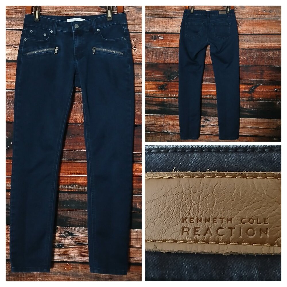 Kenneth Cole Reaction Jeans 4 Moto Skinny Ankle Low Rise Dark Wash Blue Denim